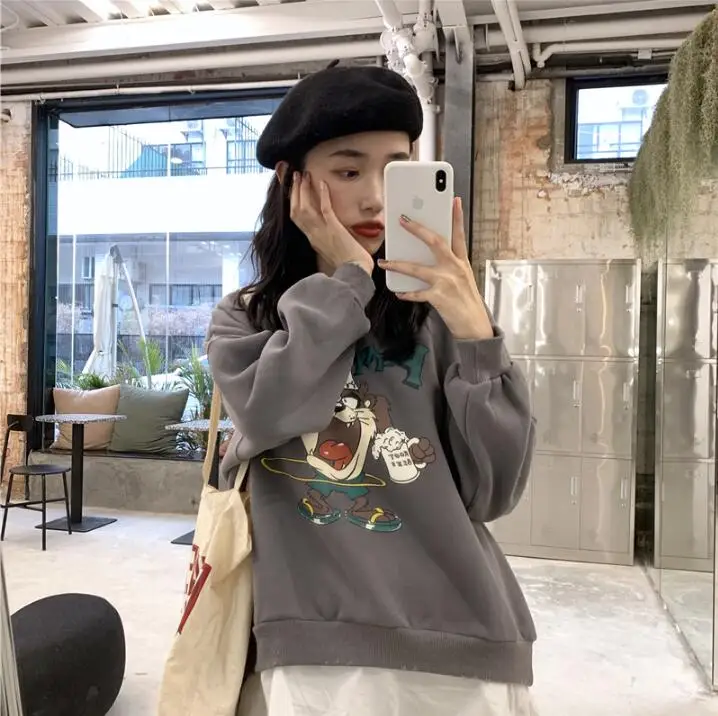 Серый Женские толстовки Японский Harajuku Ulzzang свободный ленивый Мультфильм Повседневный принт Толстовка Женская Корейская кавайная одежда для женщин - Цвет: Серый