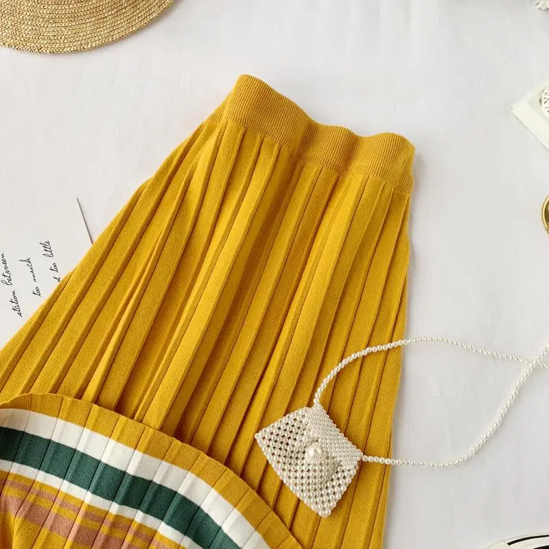 New spring autumn Korean version skirt women vintage elastic high waist Medium long pleated knitted skirt cc1758