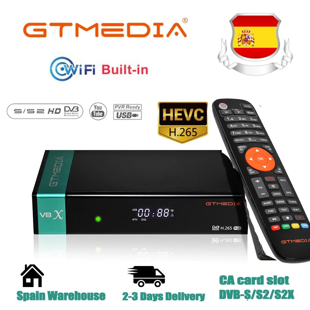 GT Media V7 HD D&eacute;codeur Satellite DVB-S/S2/S2X Avec Antenne WiFi USB, 1080p Full HD H.264 AVS /VCM/ACM/multi-stream/T2MI, USB PVR Ready R&eacute;cepteur Satellite Pour 19,2&deg;E / 5&deg; W