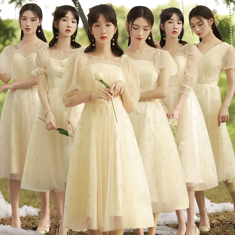 Beauty-Emily Bridesmaid Dress Fairy Mid-Length 2021 New Summer Simple Sister Group Girlfriends Female | Свадьбы и торжества