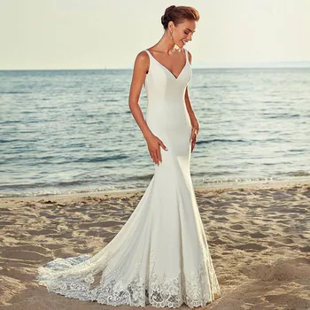 

Sexy Spaghetti Mermaid Wedding Dress Simple Beach Lace Appliques Natural Waist Bridal Gowns Sleeveless Backless Custom Robe
