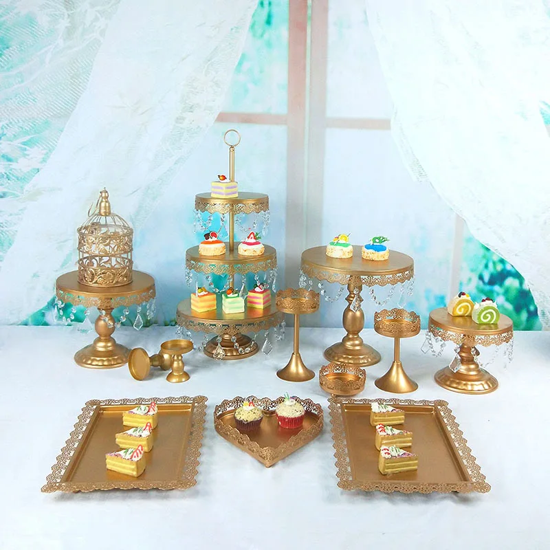 

Factory Outlet Gold Cupcake Set for Wedding Plate Crystal Wedding Metal Cup Decorating Tool Tray Bird Cage Cake Stand