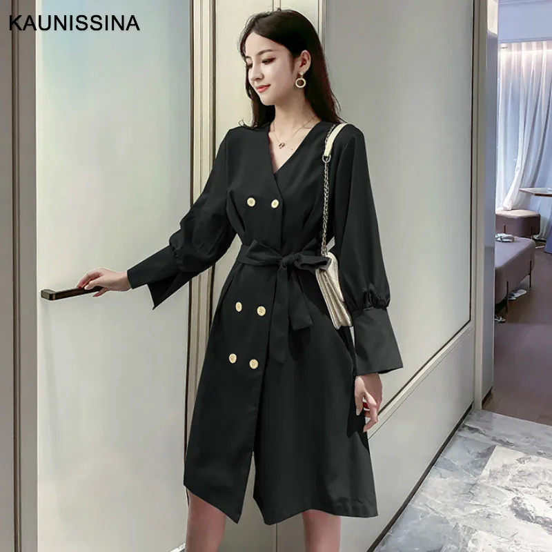 KAUNISSINA, корейское коктейльное платье, двубортное, высокая талия, длинный рукав, v-образный вырез, свободные, а-силуэт, вечерние платья, платья для выпускного вечера - Цвет: Black