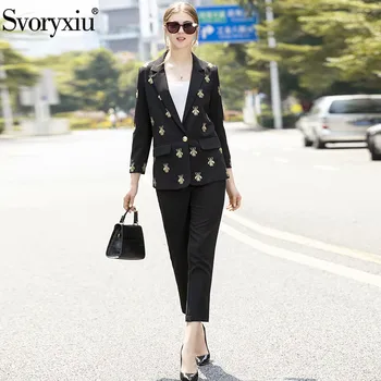 

Svoryxiu Designer Autumn Winter Fashion Office Black Blazer Two Piece Set Women's Spider Gold Thread Embroidery Pants Suits