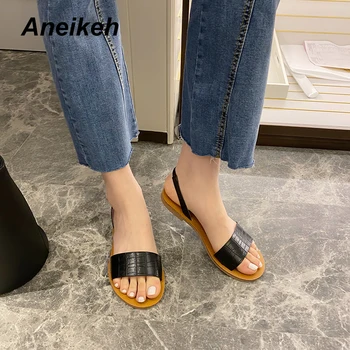

Aneikeh 2020 Summer Gladiator Sexy Flat with Sandals Shoes Woman Peep Toe Slip on Back Strap Casual Beach Sandals Shoes Size 40