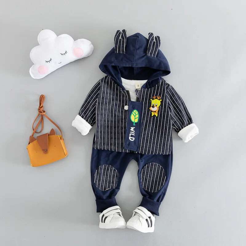 

2018 Spring And Autumn Medium-small Childrenswear Small Antlers Printed Giraffe Balaclava Shirt Stripes Three-piece Set Autumn C