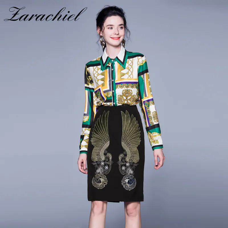 

Fashion Designer Runway Suit Set 2019 Autumn Women's Long Sleeve Vintage Printed Shirt + High Waist Embroidery Skirt 2 Piece Set