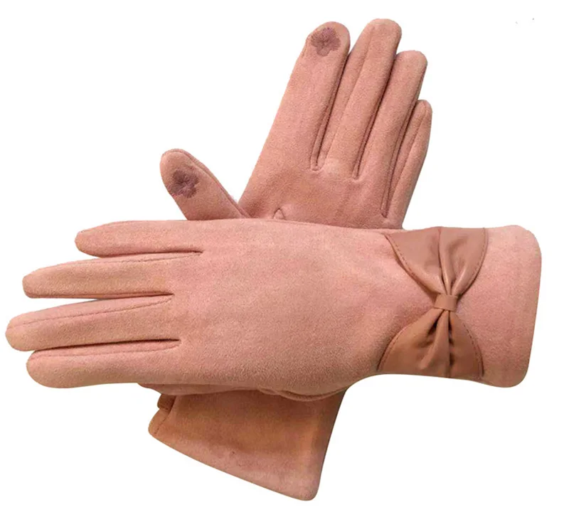 Модные женские зимние теплые варежки с сенсорным экраном зимние женские замшевые перчатки с вышивкой и бантом мягкие перчатки для вождения E5