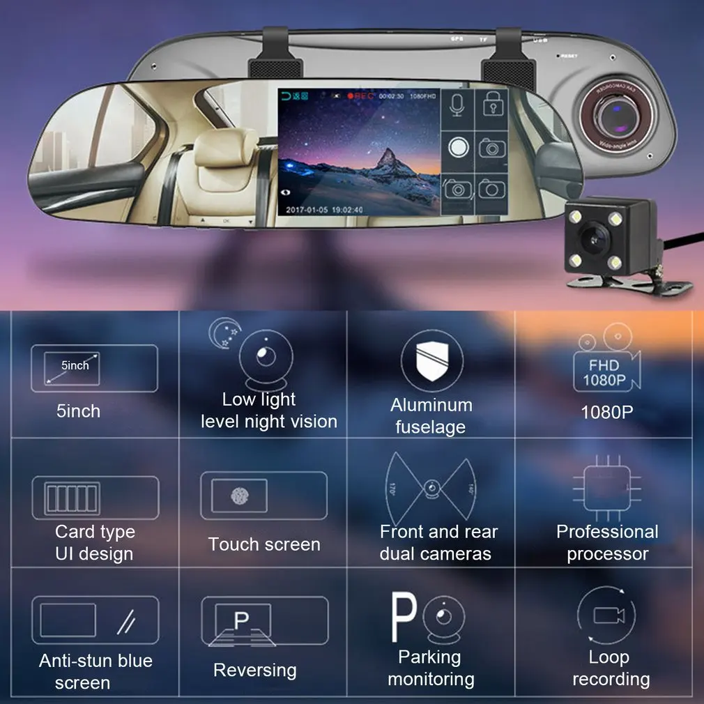 5,0 дюймов 140 градусов ультра широкоугольный объектив 1080P Автомобильный видеорегистратор gps зеркало заднего вида монитор камера заднего вида