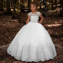 2021 New White Lace Flower Girls Dresses for Wedding Party Ball Gown Princess Sweet Kids Holy First Communion Dress
