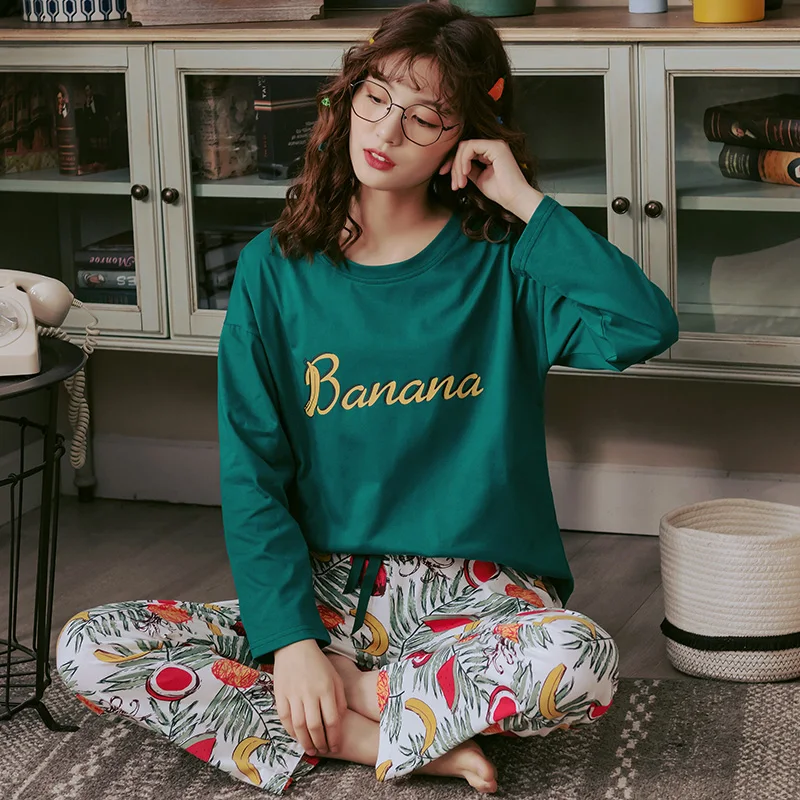 Осенняя одежда для сна женские пижамные комплекты банан фруктовый узор с длинным рукавом Круглый вырез зеленая футболка и штаны с принтом пижамный комплект из 2 предметов M-3XL
