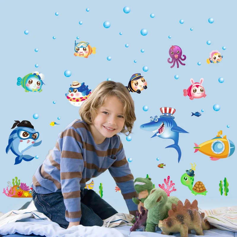 Blue Sea Fish Bubble Wall Sticker Cartoon For Kids Rooms Bathroom Home Decoration murals