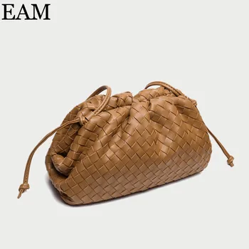 

[EAM] Woven Genuine Leather Shoulder Bags For Women 2020 Autumn New Fashion Crossbody Bag Ladies Travel Soft Dumplings Bag HO441