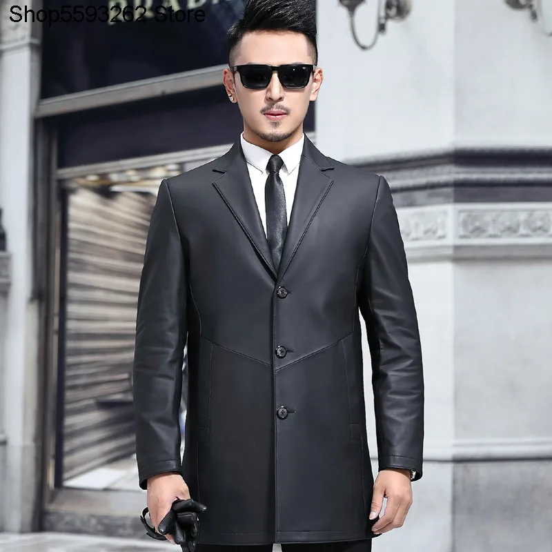 

Haining Genuine Leather Leather Coat Men Medium Length Leather Suit Slim Fit Leisure Leather Suit Leather Jacket Coat