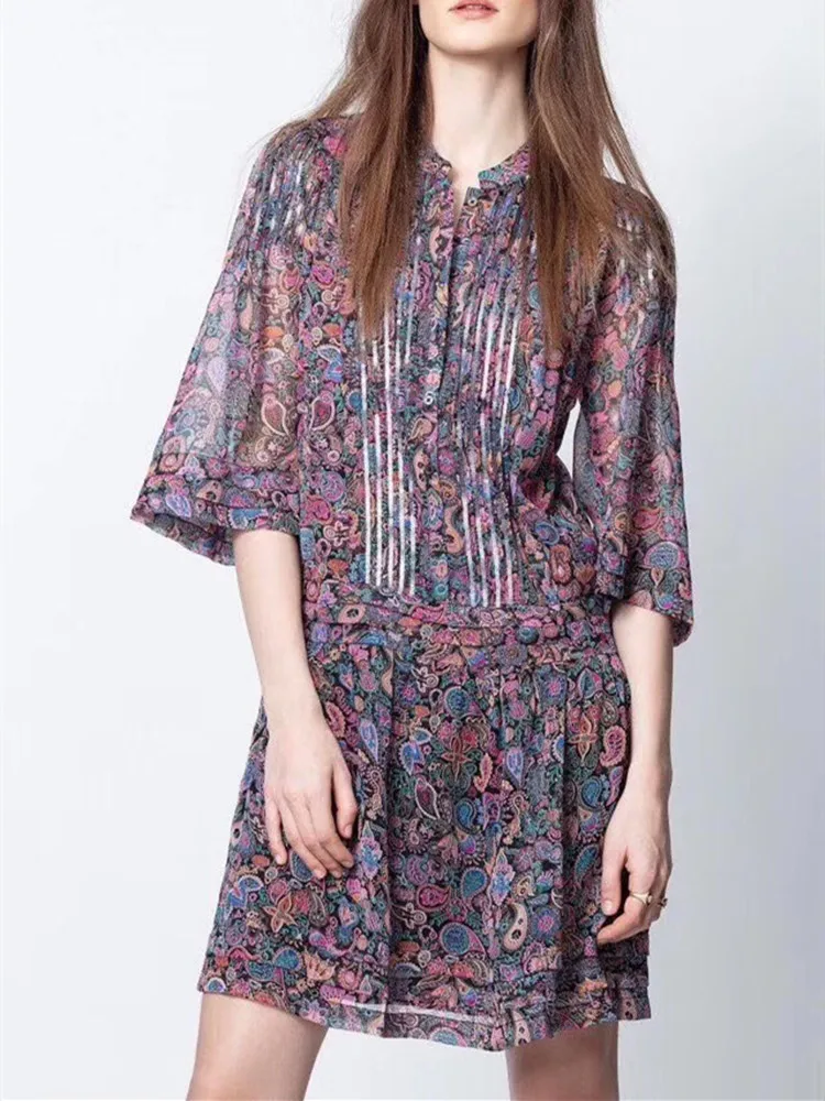 

Women's Print O-neck Mini Dress Half Sleeve 2020 Spring Summer New Dresses with Sequins Decoration