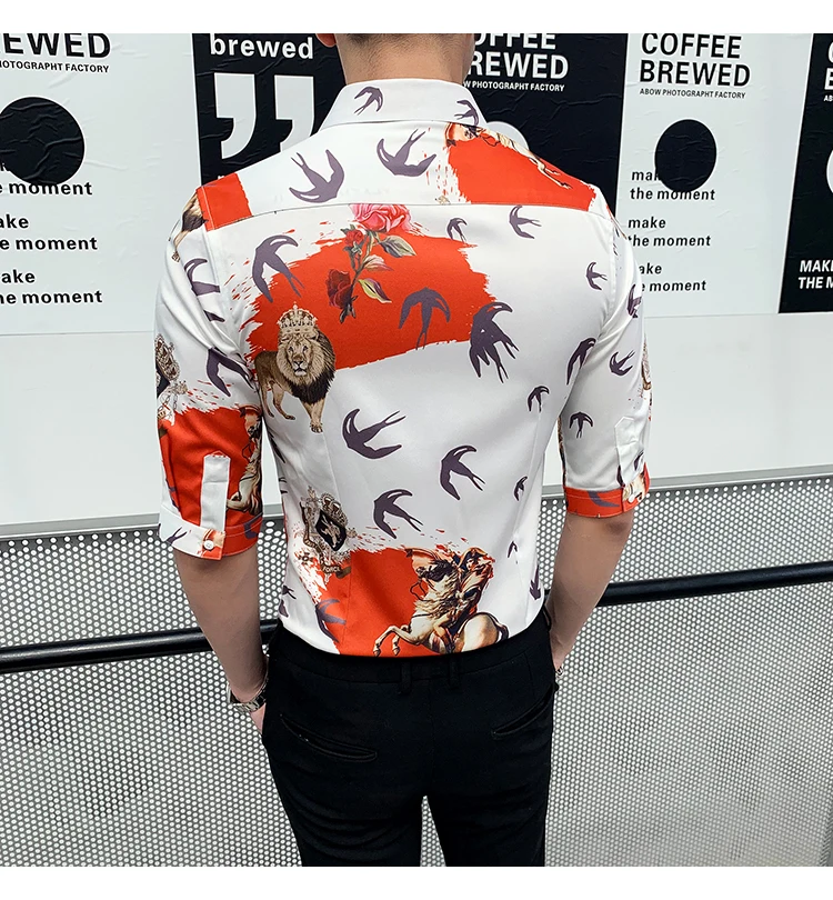 Рубашки с принтом Мужские повседневные приталенные рубашки Camisa Masculina рубашка с рукавом семь частей Красивая уличная одежда Camisas Feminina