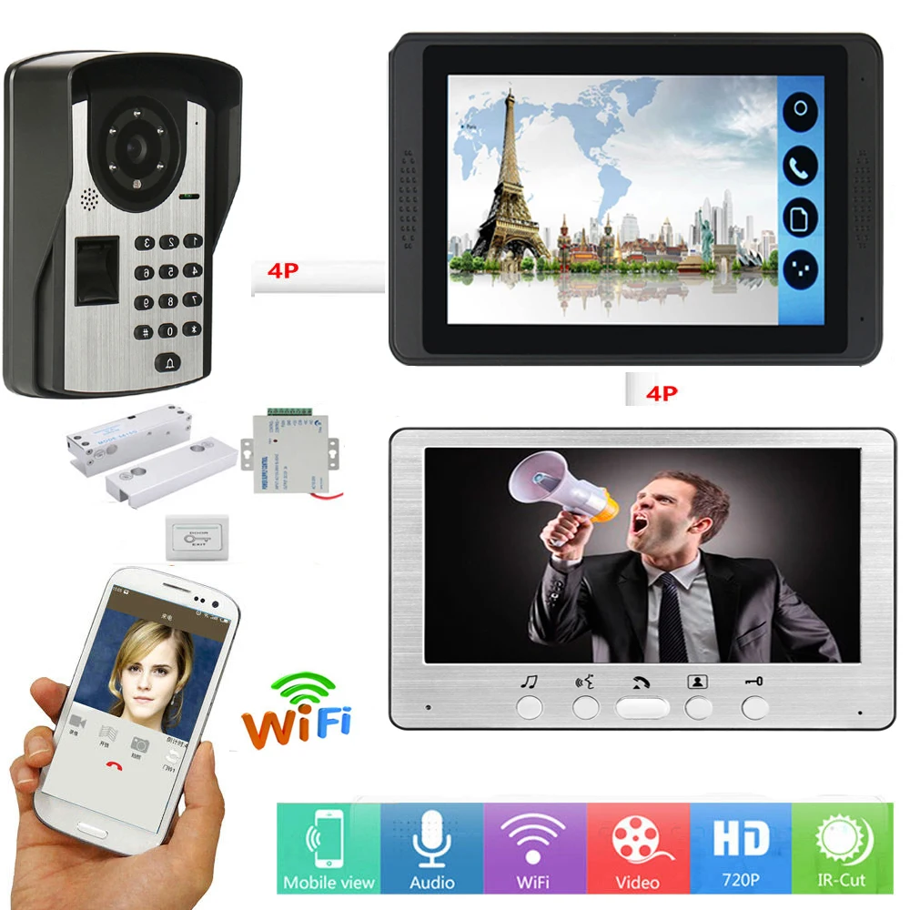 Пароль отпечатка пальца разблокировка видеодомофон 7 дюймов ЖК Wifi беспроводной видео дверной звонок видео домофон система+ дверной замок
