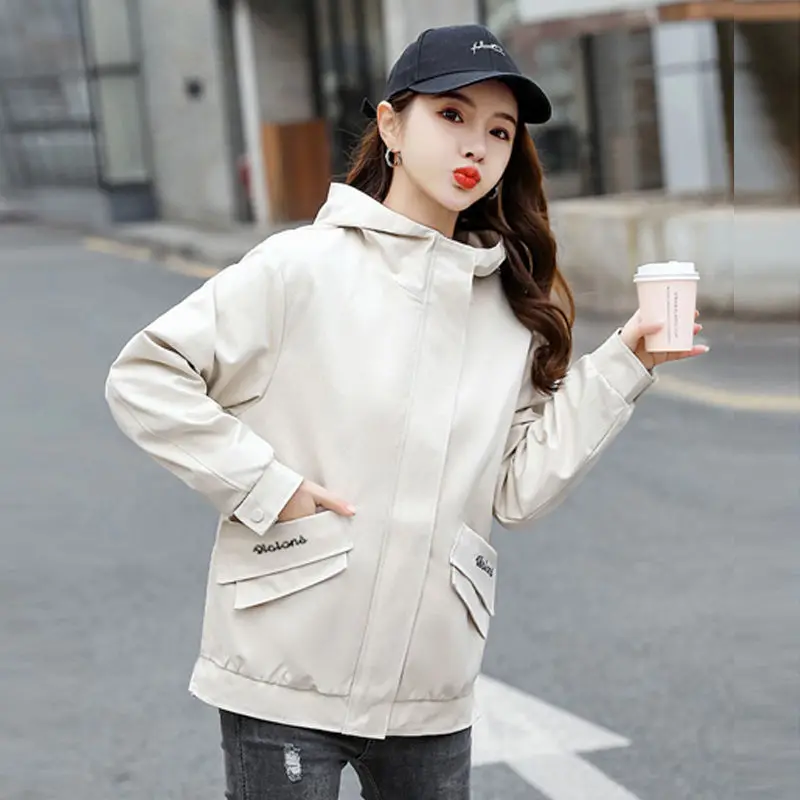 

Women Windbreaker Short Outsidewear 2022 Spring trench Jackets Female Korean Cardigan hooded Loose Casual Fashion Tooling Jacke