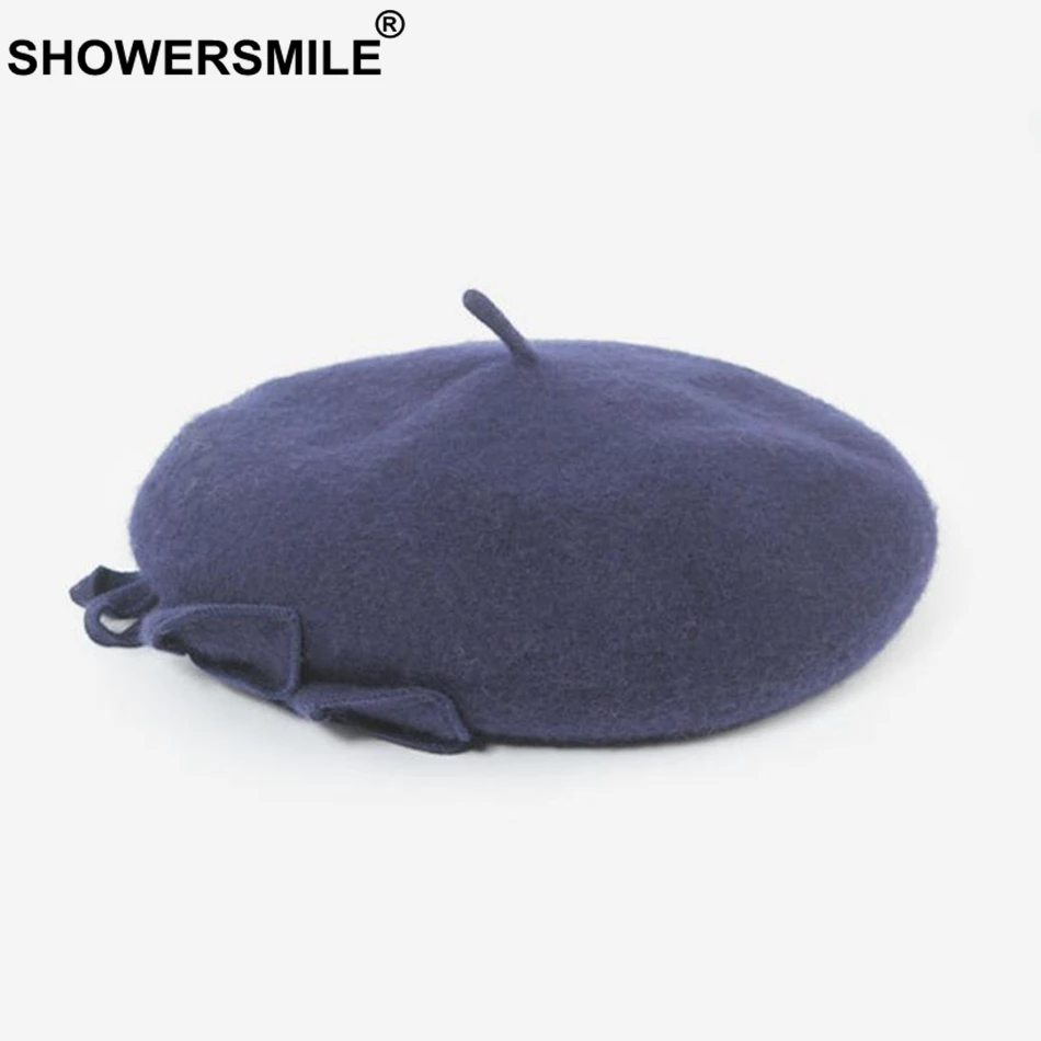 Женский шерстяной берет shomersmile темно синяя однотонная шляпа художника с бантом