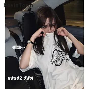 

2020 New Casual Loose Summer T-shirt Short Sleeve Tops O Neck Lettered Print Cartoon Chemise Femme Harajuku Style Free Shipping