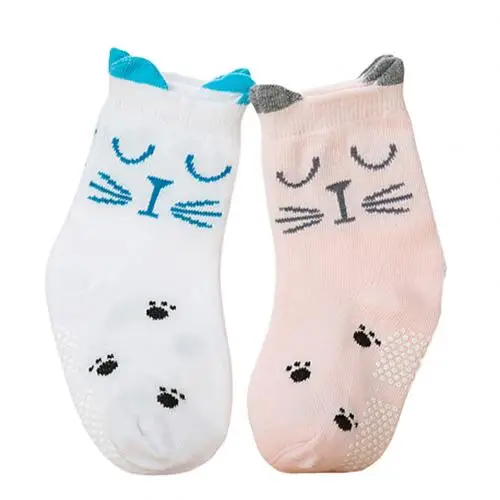 S Squint Cat 2 пары, детские носки до лодыжки для новорожденных, для маленьких мальчиков и девочек с рисунками зверей из мультфильмов Мягкий хлопок изделия противоскользящие для малышей ботильоны носки-тапочки однотонные Цвет - Цвет: S Squint Cat