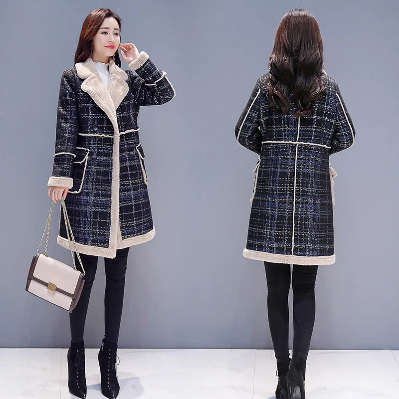 

Lambs Wool Coat Women's Mid-length 2019 Winter New Style Korean-style Brushed And Thick Plaid Suede Cotton-padded Clothes
