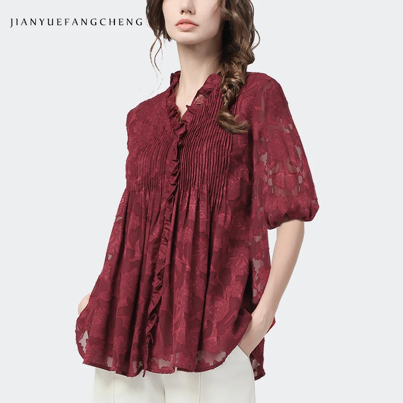 

Женская кружевная блузка, свободного кроя, с вышивкой, прикрывающей живот, рукавами размера плюс, весна-лето, модная Элегантная блузка с цветочным рисунком