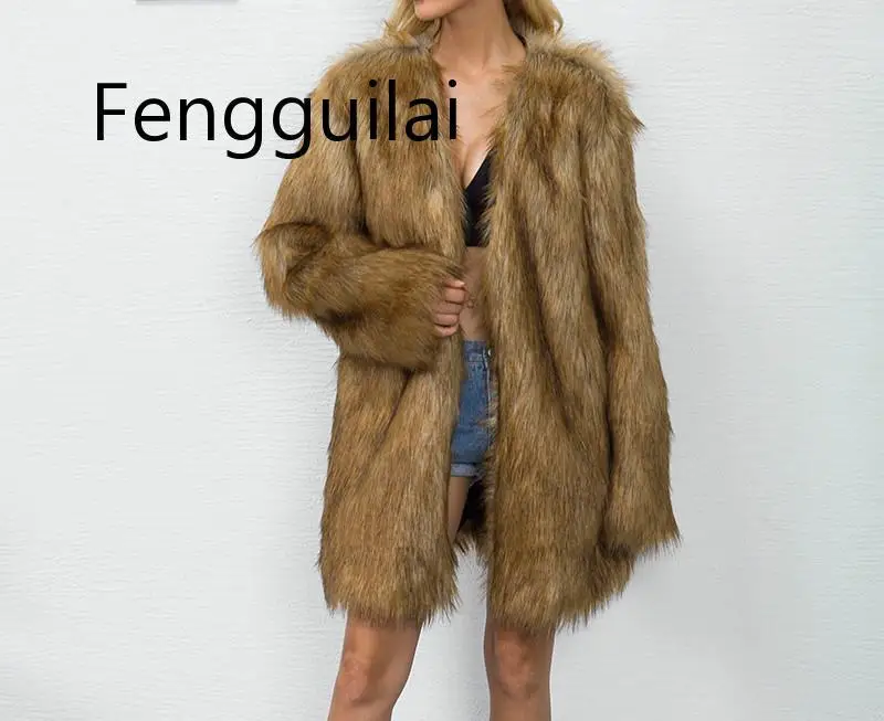 Women Brown Faux Fur Coat Winter Thicken Warm Woman Fur Jackets Long Style V Neck Casual Outwear Shaggy Overcoat Streetwear Women Brown Faux Fur Coat Winter Thicken Warm Woman Fur Jackets Long Style V Neck Casual Outwear Shaggy Overcoat Streetwear