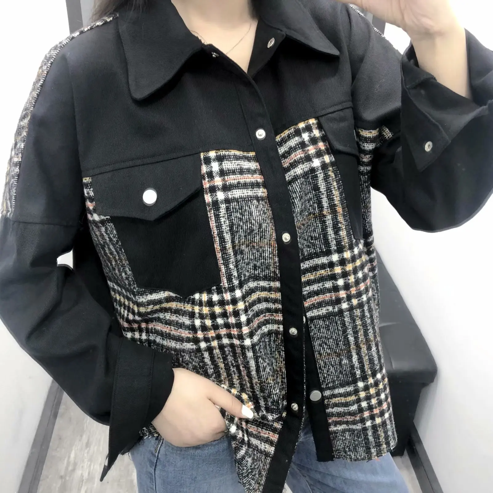 

F5452-Western Style WOMEN'S Dress 2019 Spring And Autumn New Style Fold-down Collar Pattern Joint Flash Jacket Women's
