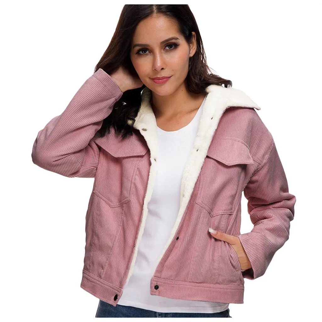 Women Winter Jacket Thick Fur Lined Coats Parkas Fashion Faux Fur Lining Corduroy Bomber Jackets Cute Outwear New#3 - Color: Deep Pink