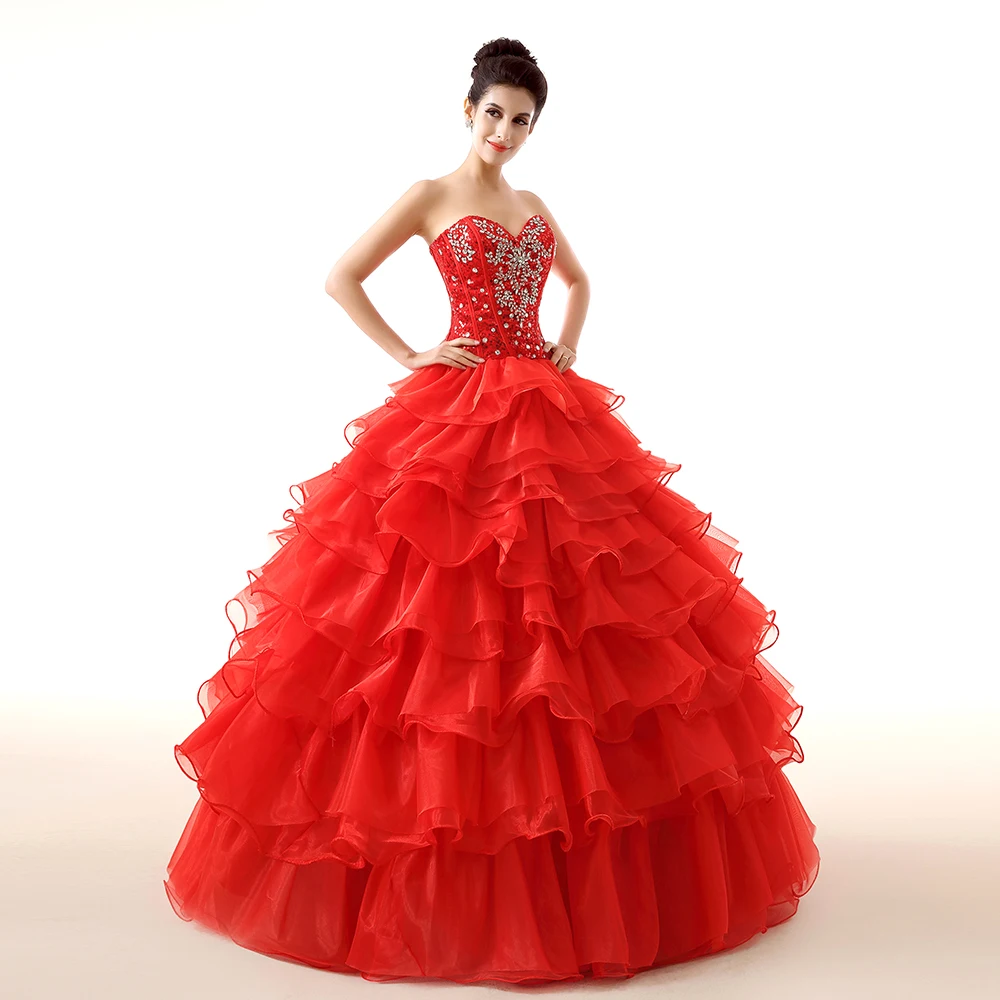 Vestidos de quinceaneras Кристалл Милая Бальные платья Красный Многоуровневое органза на шнуровке сзади vestido 15 anos