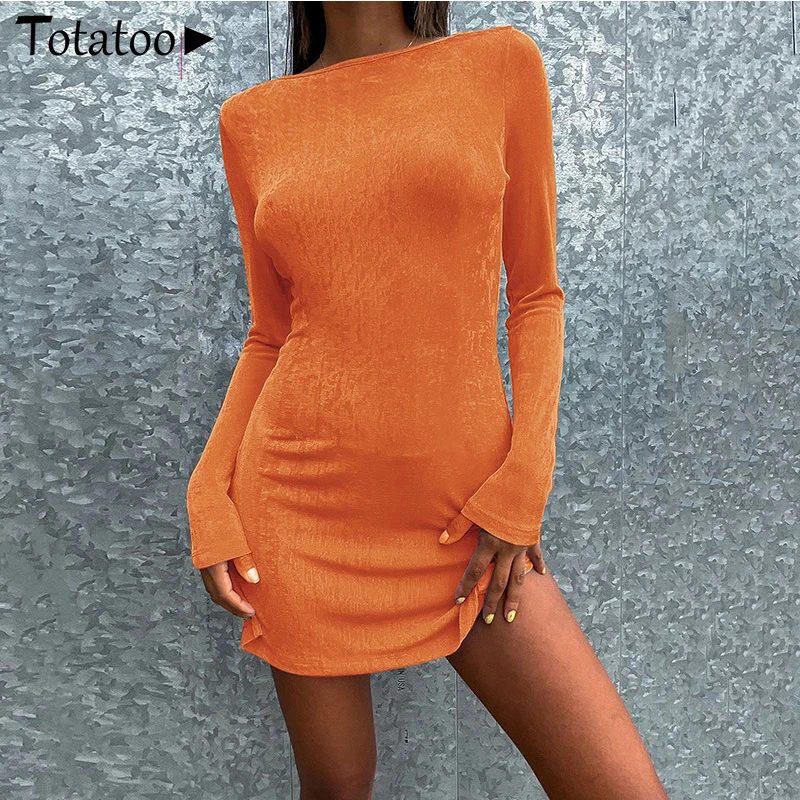 Totatoop Vintage Orange Long SLeeve Autumn Winter Dress For Women 2021 Sexy Backless Split Cut Club Outfit Festival Party Dress 2