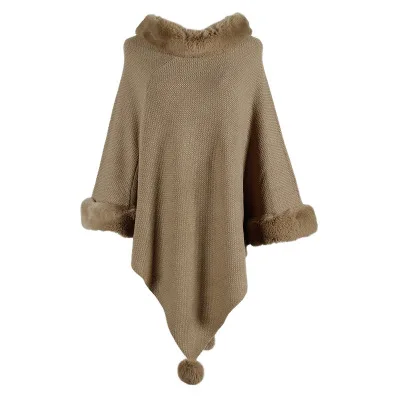 Luxury Brand Faux Fur Womens Poncho Wrap O-neck Fur Collar Female Shawl Solid Knit Scarves for Women Loose Batwing Sleeve Capes - Цвет: Хаки