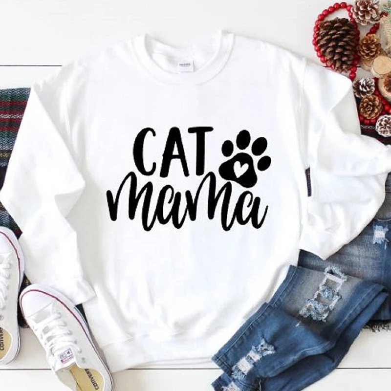 Кошка Толстовка Mama Для женщин обувь в форме лап животных; графический пуловер свитеры с длинным рукавом в стиле Харадзюку Толстовка Осенняя одежда Kawaii Топы дропшиппинг