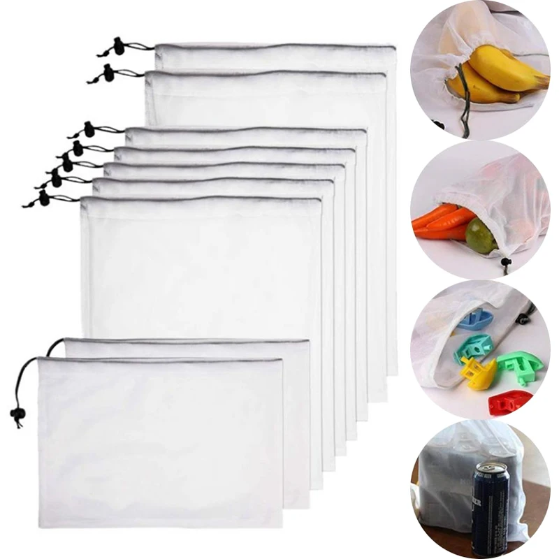 

Shopping Bag 9 pcs/set Reusable Kitchen Fruit/Vegetable /Toys Storage Bags Produce Bags Drawstring Mesh Washable Multipurpose
