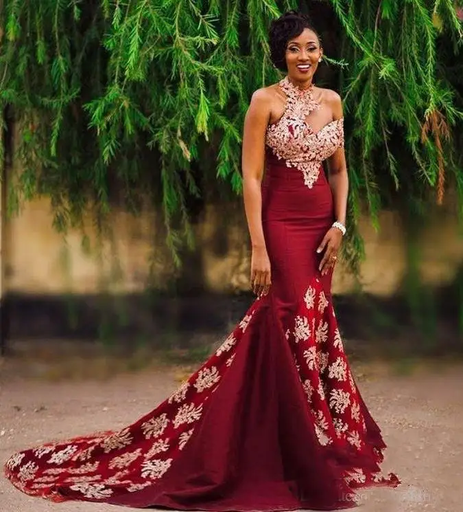 burgundy Bestidos de gala2019 новые кружевные атласные Холтер Аппликация золотого цвета сексуальные бордовые Сексуальные Русалка африканские платья для выпускного вечера со шлейфом - Цвет: burgundy