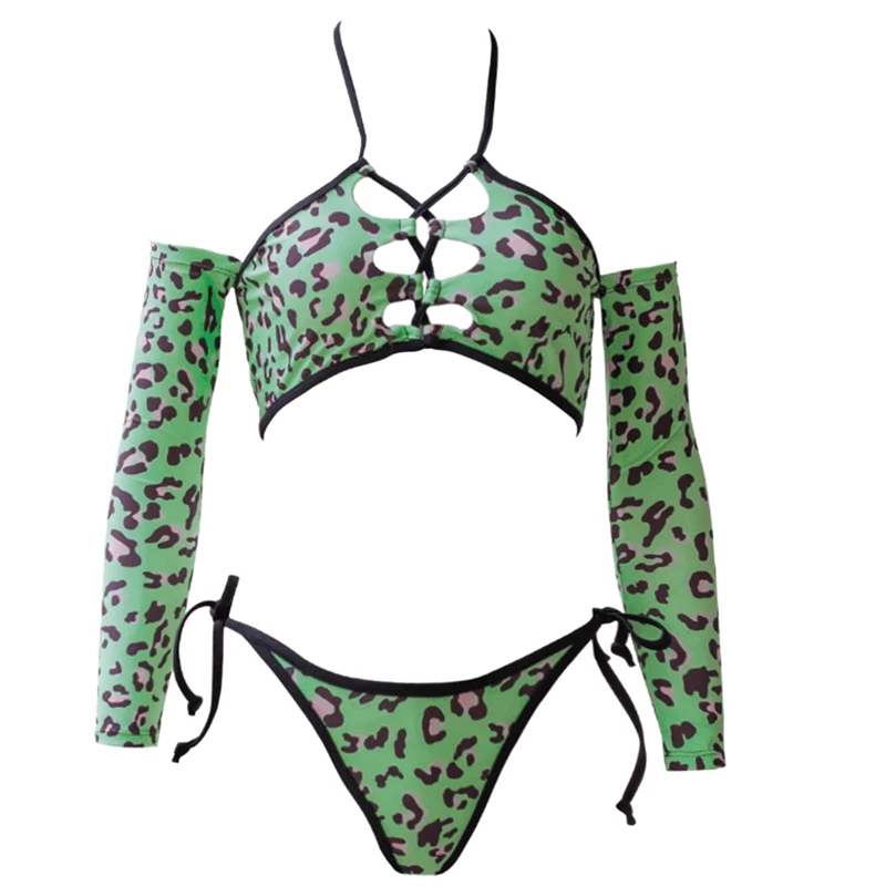 

Lace Up Leopard Print Bikini Halter Swimsuits Off Shoulder Beachwear For Women Long Sleeve Monokini Brazilian Biquini Thong Swim