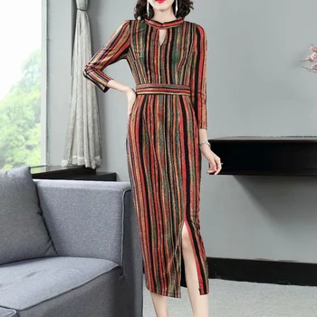 

Bohemian Retro Print Autumn New Style Sexy Split Long Sleeve Slim Temperament Elegant Mid-Length Dress Women'S Clothing
