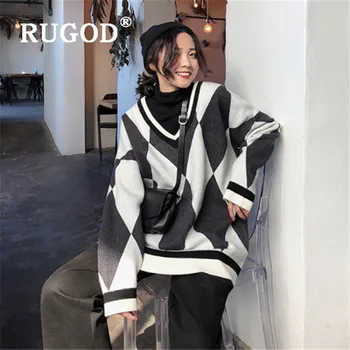 

RUGOD 2019 New fashion women's sweater pullover s v neck argyle pattern long sleeve loose thick knit pull fashion female warm