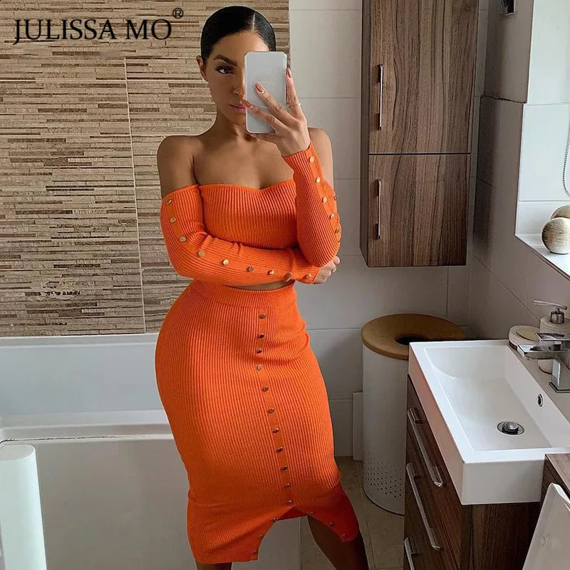 

JULISSA MO Cotton Knitted Two Piece Set Autumn Dress Women Sexy Off Shoulder Bodycon Dress Elegant Buttons Long Party Dresses