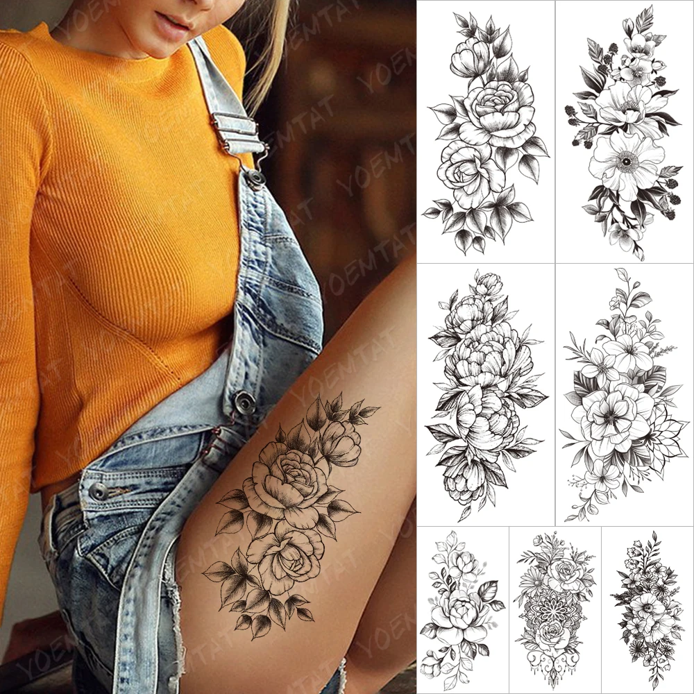 

Waterproof Temporary Sleeve Tattoo Stickers Simplicity Line Rose Jasmine Lily Transferable Tattoos Body Art Fake Tatoo Women Men