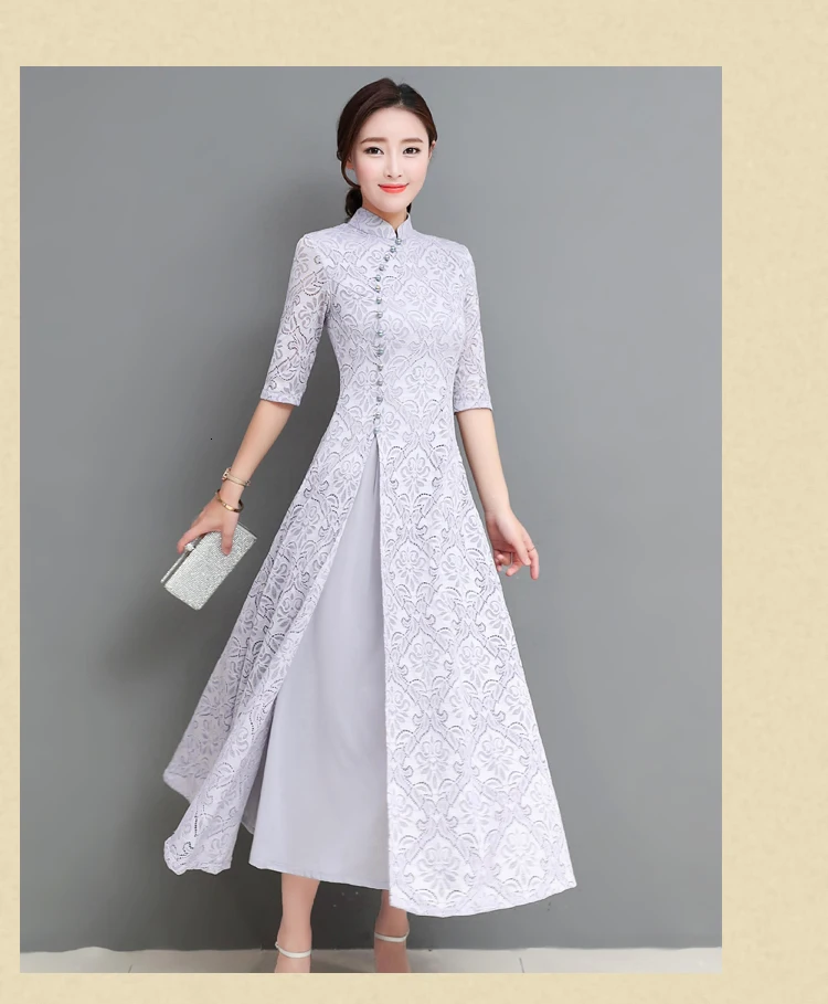 New Autumn Vintage Dress Women Chinese Style Retro Lace Cheongsam Fashion Clothes Elegant Bodycon Long Dresses Vestido S194