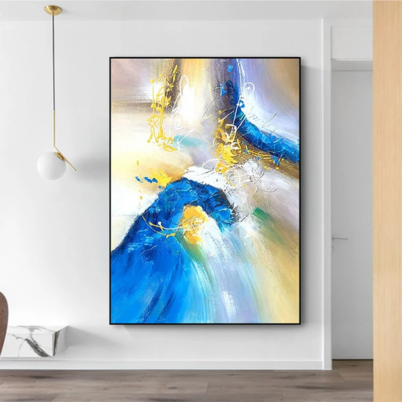 

Hand painted abstract oil painting living room modern minimalist yellow blue abstract color american nordic giant decorative pai