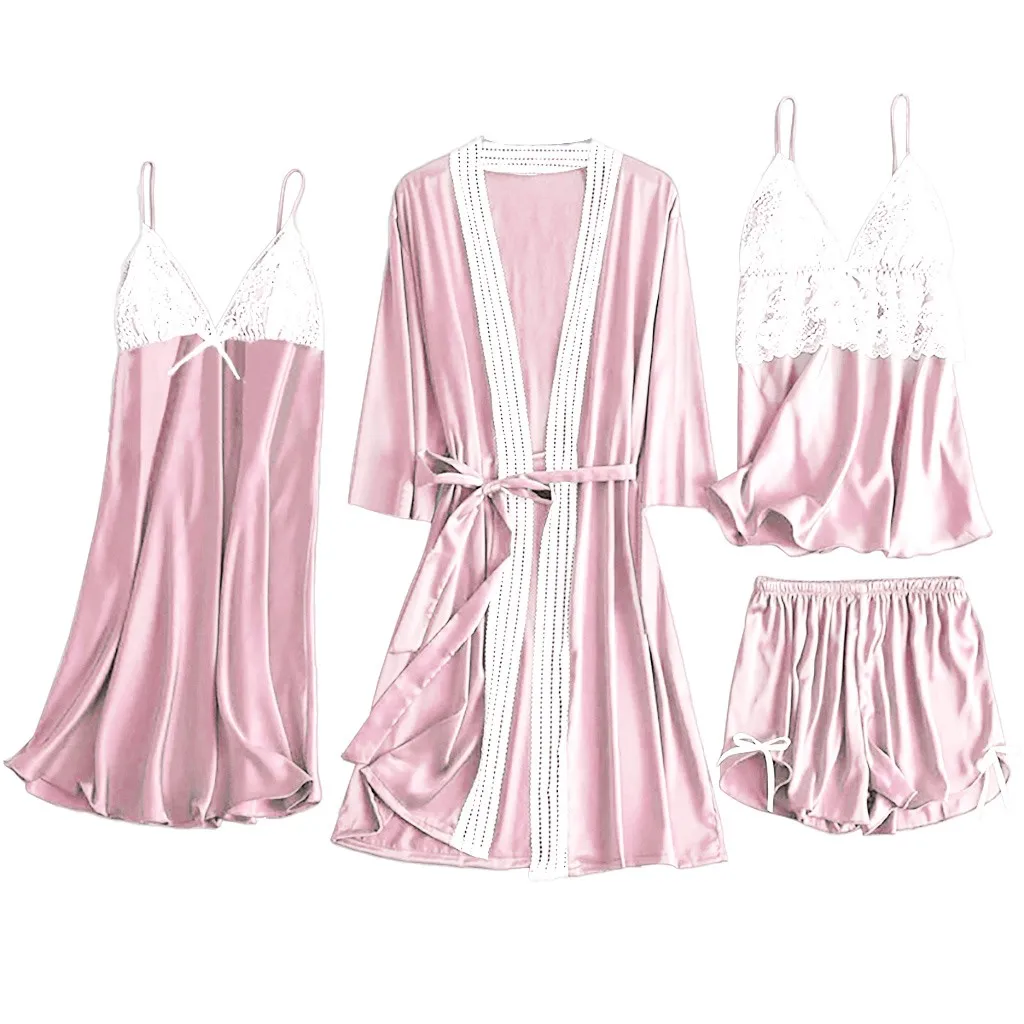 4 шт. женские пижамы Шелковый Цветочный атласный комплект кружевной пижамы камзол шорты с бантиком Ночная рубашка халат пижамы белье Ночная рубашка - Цвет: Розовый