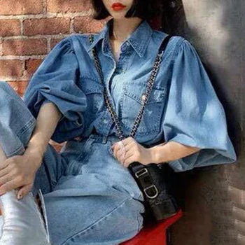 

2019 Women Fashion New Blue Jeans Shirts Ladies Casual Denim Puff Long Sleeve Shirt Loose Slim Fit Jeans Coat Tops