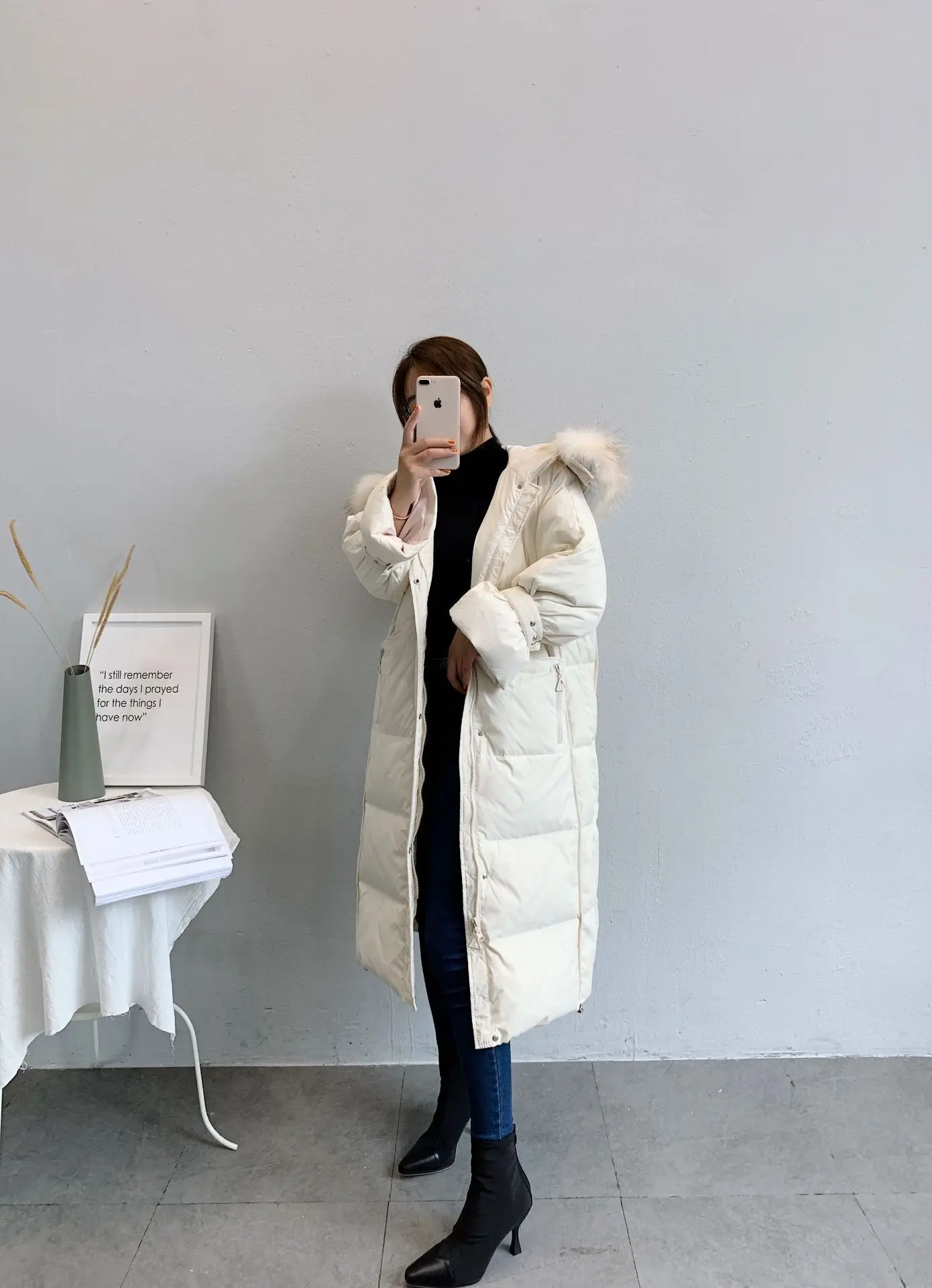 Зима, стиль, пуховик, женский, белый, утиный пух, свободный, женский, длинный, толстый, большой меховой воротник, с капюшоном, Женское пальто, модное