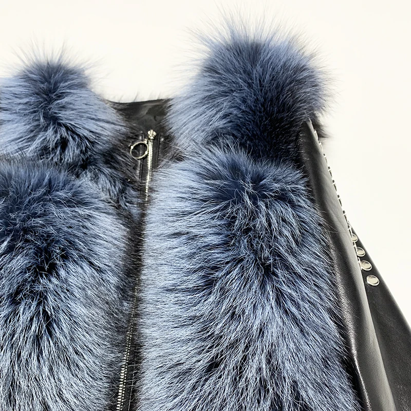 Rf2055 короткие Стиль Натуральная овечья кожа куртка из меха черно-бурой лисицы модные мотоциклетные кожаные пальто для женщин