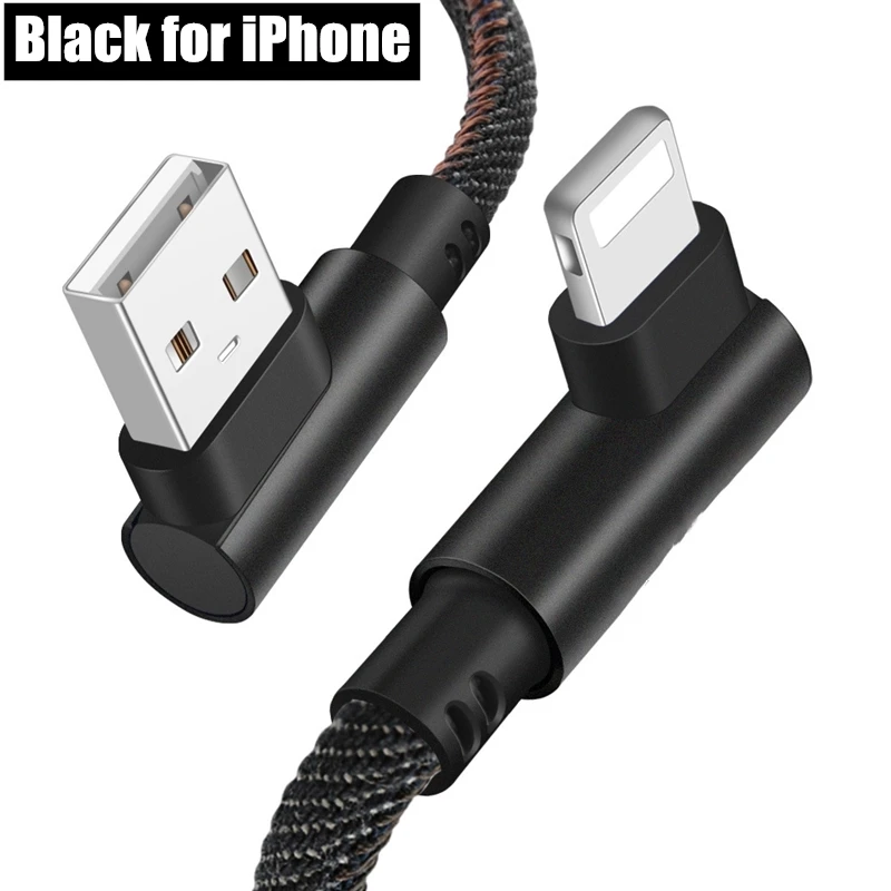 90 градусов джинсовый USB кабель для iPhone Xiaomi usb type C кабель Быстрая зарядка кабель для передачи данных для Galaxy S9 samsung Zend переключатель USB - Цвет: black for iPhone