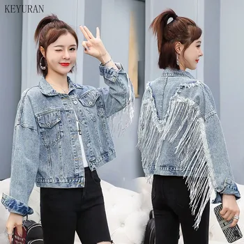 

Jean Jacket Woman Fringed Sequined Denim Jacket 2020 Spring New Retro BF Loose Short Jeans Jacket Top Chaqueta Chaquetas Jackets