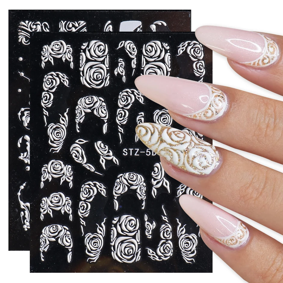 5D Stereoscopic Embossed Nail Art Stickers White Flower Nail Decals White  Nail Pencil under Nail Rhinestone Beads for Nails - AliExpress